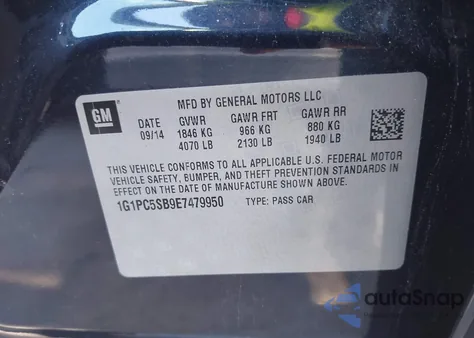 2014 Chevrolet Cruze 1Lt Auto z USA, uszkodzony, nr VIN 1G1PC5SB9E7479950